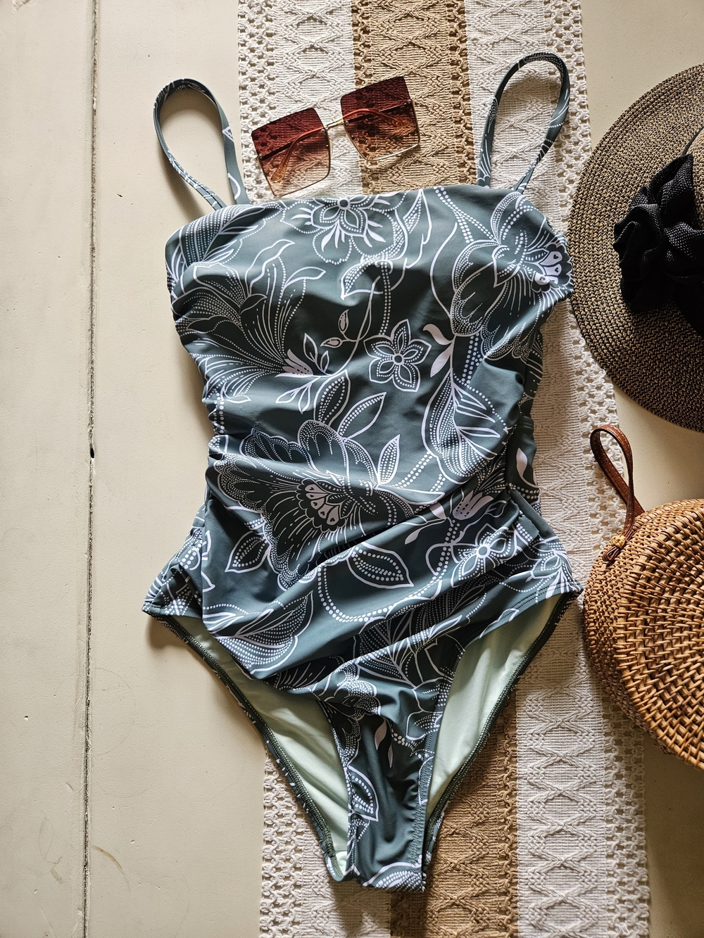 NWT Cupshe Teal Floral One-Piece Swimsuit Size Small